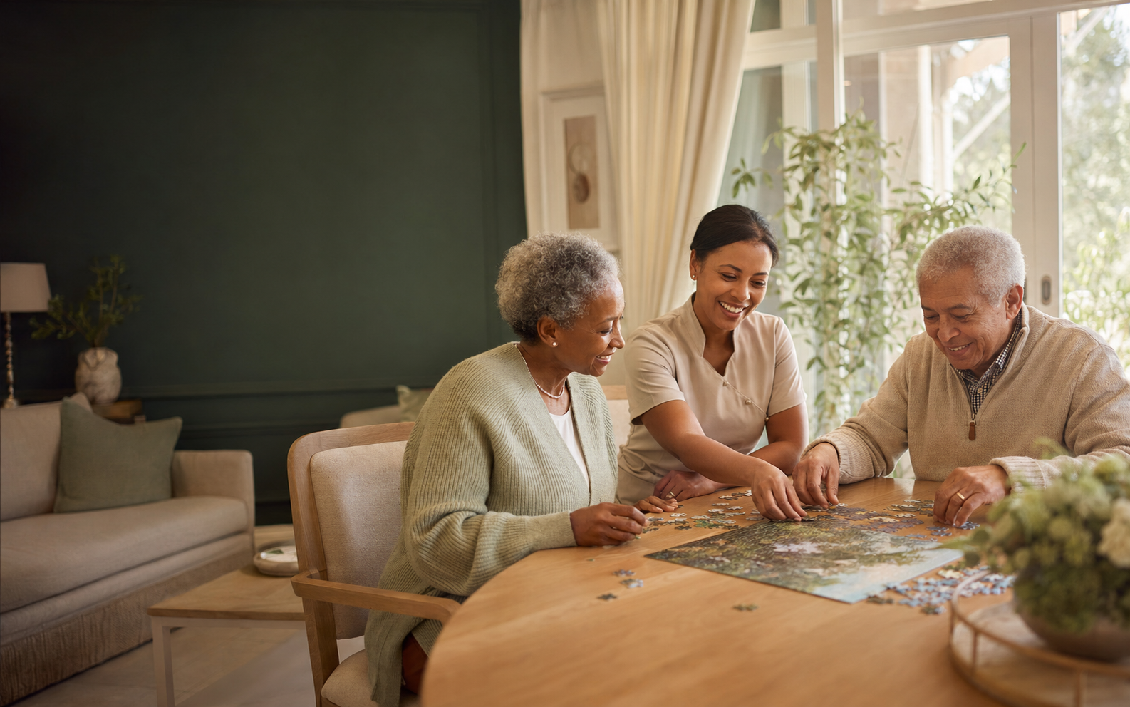 Older residents and a caregiver enjoying a puzzle