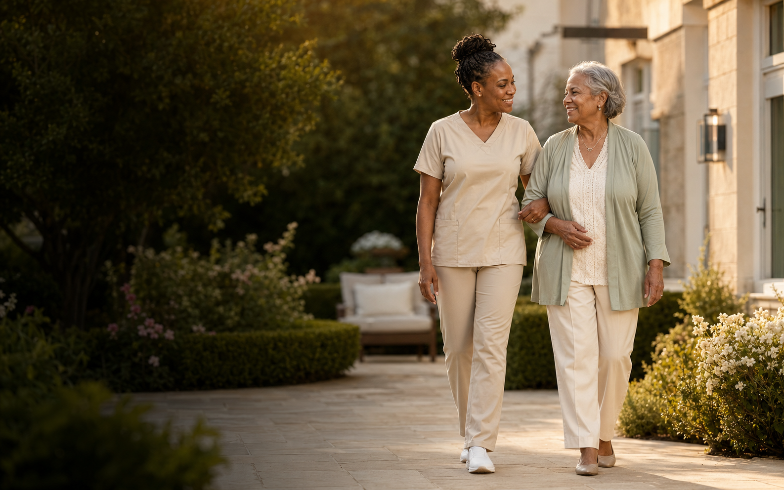 Caregiver walking with an older resident outdoors